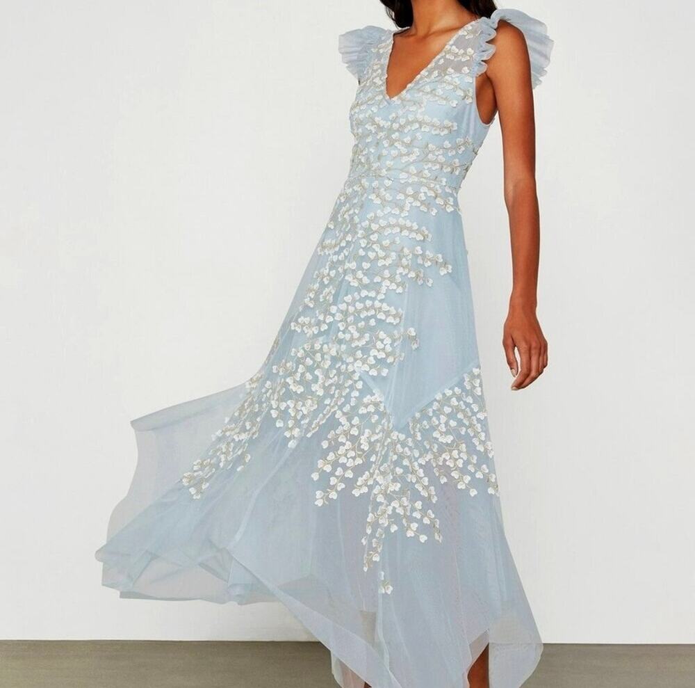 BCBGMAXAZRIA Blue Floral Applique Tulle Maxi Dress sz 8 coquette Formal Evening